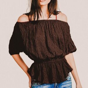 Free People Shades of Cool Black Smocked Off-Shoulder Textured Boho top – Size S